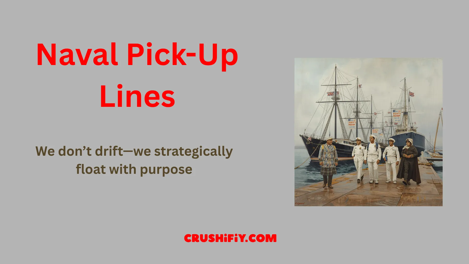 Alt-text: Naval Pick-Up Lines on a harbor pier scene showing branding and playful slogan intent